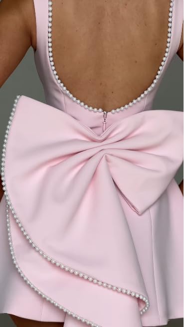 41FqDY0wOhL.jpg Mini Prom Dress Pearl Satin Evening Dress with Bow Backless Bodycon Formal Party Gowns AD045