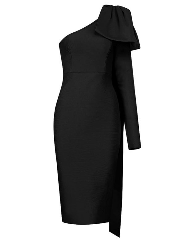 41uKg2ATp1L.jpg Women's One Shoulder Bowknot Long Sleeve Bodycon Knee Length Club Party Bandage Dress