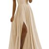 Satin Prom Dresses Long with Pockets Spaghetti Straps A Line Bridesmaid Dresses with Side Slit Ball Gown