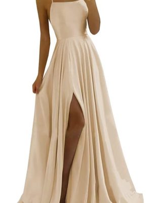 Satin Prom Dresses Long with Pockets Spaghetti Straps A Line Bridesmaid Dresses with Side Slit Ball Gown