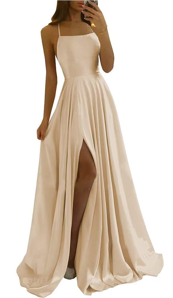Satin Prom Dresses Long with Pockets Spaghetti Straps A Line Bridesmaid Dresses with Side Slit Ball Gown