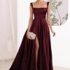 Women's Satin A Line Bridesmaid Dresses with Slit Long Square Neck Formal Cocktail Party Dress with Pockets CYM297