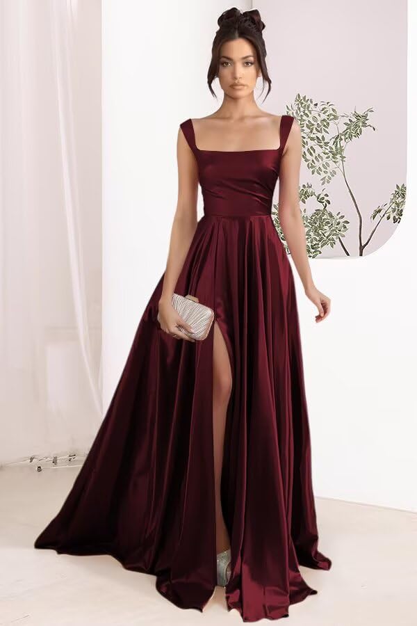 51GEc1avguL.jpg Women's Satin A Line Bridesmaid Dresses with Slit Long Square Neck Formal Cocktail Party Dress with Pockets CYM297