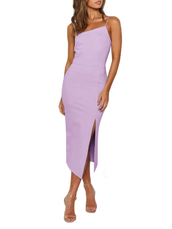 Women's Spaghetti Straps Split Slit Hem Sleeveless Bodycon Cocktail Party Midi Dress