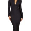 Women's Deep Plunge V Neck Long Sleeves Draped Knee Length Bodycon Bandage Dress
