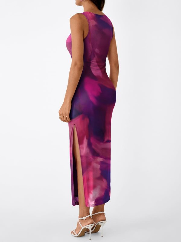 Bodycon Maxi Dress Womens Sleeveless Floral Print Fitted Party Club Ruched Dresses with Side Slit