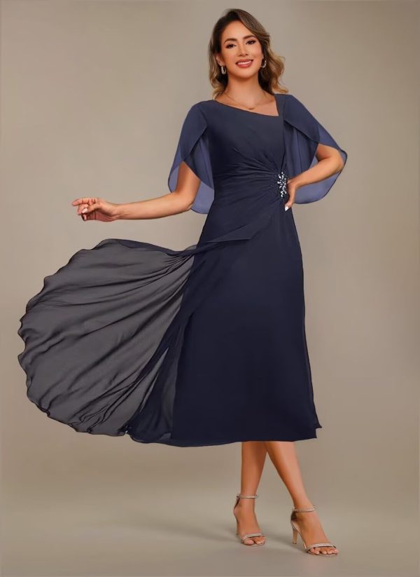 51RgnDYCcNL.jpg Asymmetrical Neck Mother of The Bride Dresses 2025 for Wedding Chiffon Short Flutter Sleeve Formal Evening Gown PU268