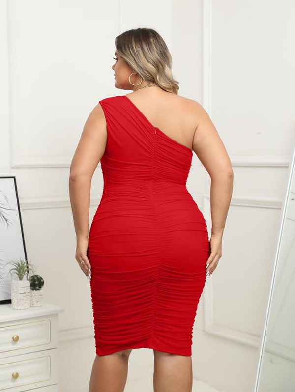 51S-hf8u7bL.jpg Womens Plus Size Dresses Sexy Bodycon One Shoulder Sleeveless Ruched Midi Party Dress