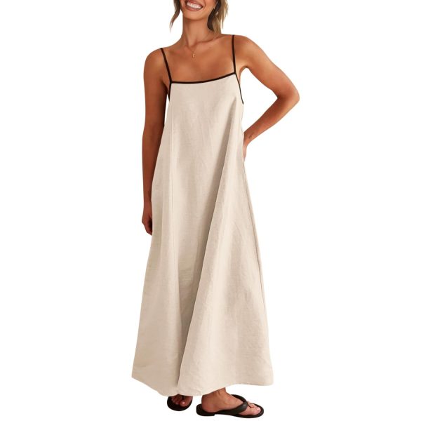 51UHxm81Z1L.jpg Women's 2025 Summer Linen Maxi Dress Contrast Spaghetti Strap Dress Backless Sleeveless Casual Party Beach Dresses