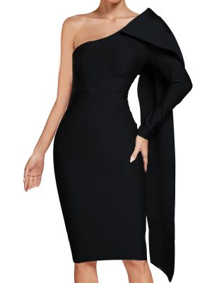 Women's One Shoulder Bowknot Long Sleeve Bodycon Knee Length Club Party Bandage Dress