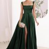 Women's Satin A Line Bridesmaid Dresses with Slit Long Square Neck Formal Cocktail Party Dress with Pockets CYM297