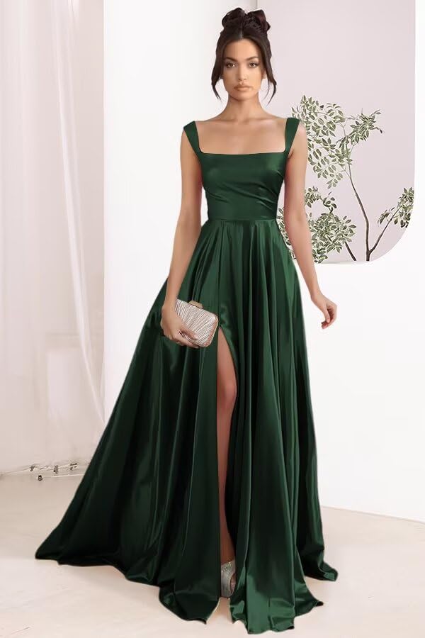 51UxRNOdGXL.jpg Women's Satin A Line Bridesmaid Dresses with Slit Long Square Neck Formal Cocktail Party Dress with Pockets CYM297