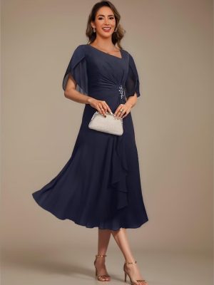 Asymmetrical Neck Mother of The Bride Dresses 2025 for Wedding Chiffon Short Flutter Sleeve Formal Evening Gown PU268