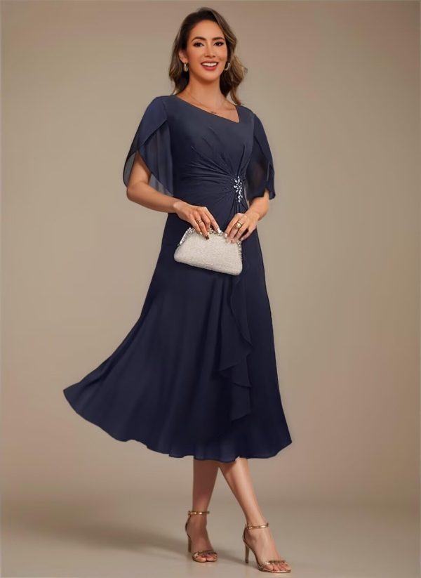 51XaktqO4wL.jpg Asymmetrical Neck Mother of The Bride Dresses 2025 for Wedding Chiffon Short Flutter Sleeve Formal Evening Gown PU268