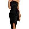 Women Sleeveless One Shoulder Sequin Dress Sparkly Glitter Wrap Dress Cocktail Wedding Maxi Dresses with Slit