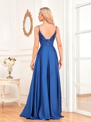 V Neck Satin Prom Dresses with Slit Long A line Formal Bridesmaid Dresses for Women BDL004