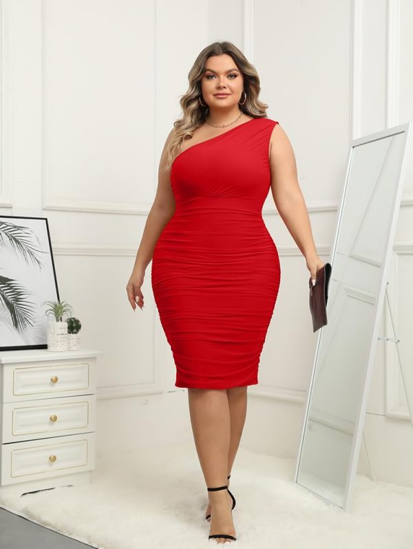51dGKzKnsdL.jpg Womens Plus Size Dresses Sexy Bodycon One Shoulder Sleeveless Ruched Midi Party Dress