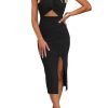 Women's Casual Sleeveless Cutout Twist Front Side Slit Ribbed Knit Party Bodycon Midi Dresses