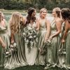 V Neck Satin Prom Dresses with Slit Long A line Formal Bridesmaid Dresses for Women BDL004