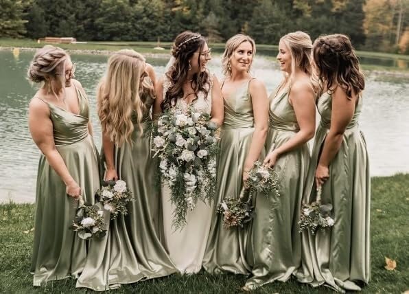 51gXcHKeoPL.jpg V Neck Satin Prom Dresses with Slit Long A line Formal Bridesmaid Dresses for Women BDL004