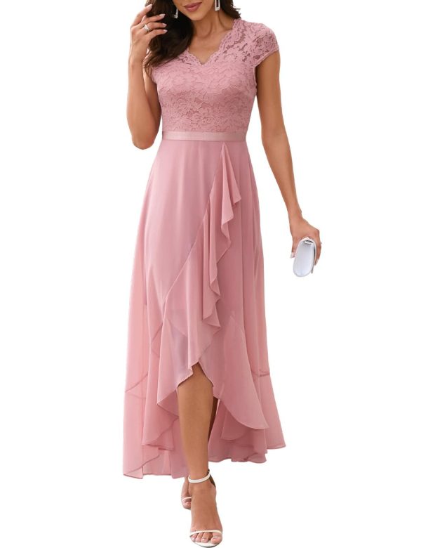 51h2PkpV6QL.jpg Women's V-Neck Dress for Women Wedding Guest Hi-Lo Floral Lace Prom Cocktail Party Formal Bridesmaid Dress