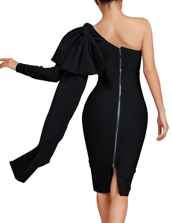 51imut2wNwS.jpg Women's One Shoulder Bowknot Long Sleeve Bodycon Knee Length Club Party Bandage Dress