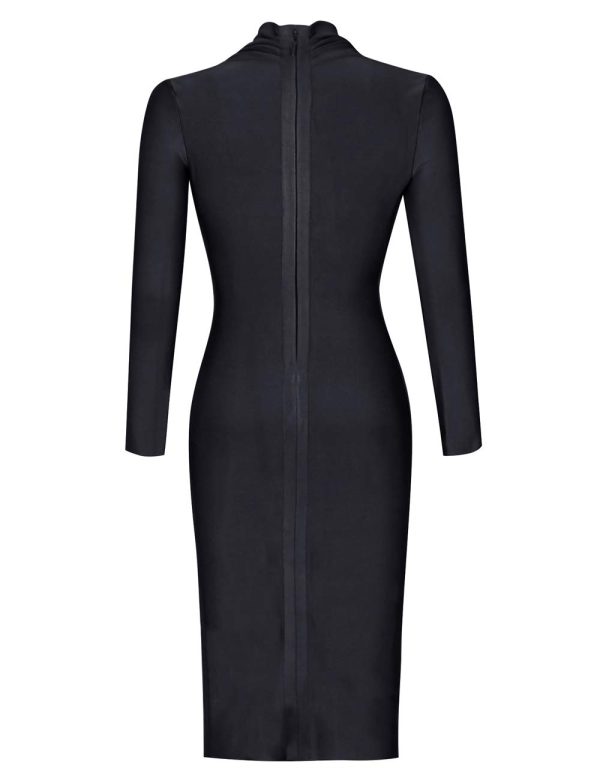 51k9feZ6RL.jpg Women's Deep Plunge V Neck Long Sleeves Draped Knee Length Bodycon Bandage Dress