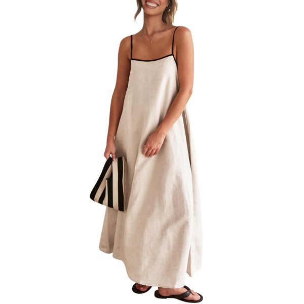 51lNj1LiA6L.jpg Women's 2025 Summer Linen Maxi Dress Contrast Spaghetti Strap Dress Backless Sleeveless Casual Party Beach Dresses