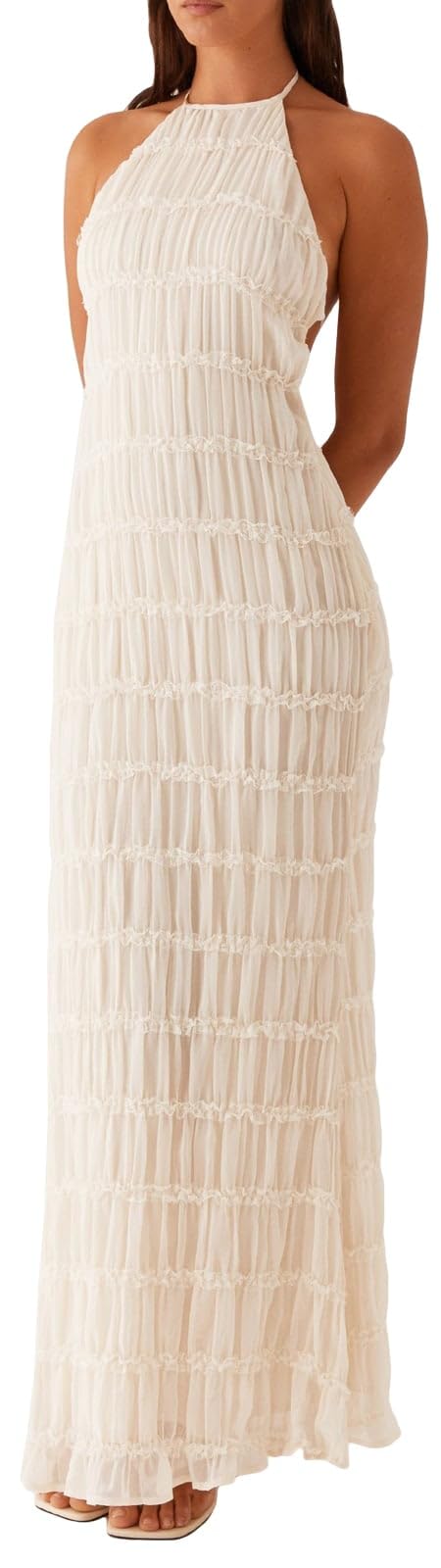 51rfbWGfYGL.jpg Flowy Boho Beach Dress for Women Halter Backless Smocked Vacation Long Dress Sexy Off Shoulder Resort Maxi Sundress