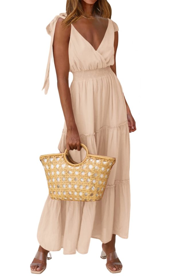 51sJn1ou61L.jpg Women's Cross Neck Summer Sleeveless Tiered Maxi Dress Beach Tie Strap Smocked Long Dresses Pleated Sundress