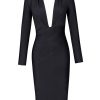 Women's Deep Plunge V Neck Long Sleeves Draped Knee Length Bodycon Bandage Dress