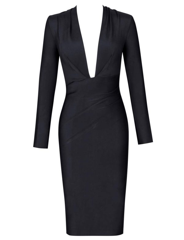 51sMkufzjKL.jpg Women's Deep Plunge V Neck Long Sleeves Draped Knee Length Bodycon Bandage Dress