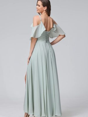 Women's Cold Shoulder Chiffon Bridesmaids Dresses 2025 with Slit Long Formal Party Dress for Junior CYM058