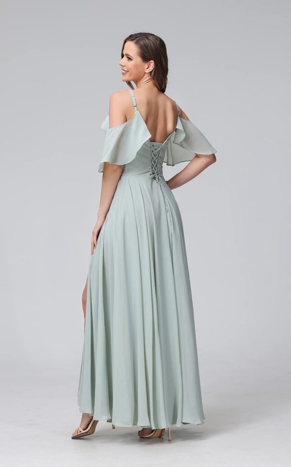 51uMZjiX0iL.jpg Women's Cold Shoulder Chiffon Bridesmaids Dresses 2025 with Slit Long Formal Party Dress for Junior CYM058