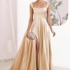 Women's Satin A Line Bridesmaid Dresses with Slit Long Square Neck Formal Cocktail Party Dress with Pockets CYM297
