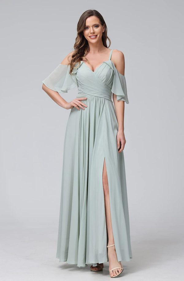 51xlBvdp6bL.jpg Women's Cold Shoulder Chiffon Bridesmaids Dresses 2025 with Slit Long Formal Party Dress for Junior CYM058