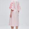 Women Casual V-Neck Mid Dress Floral Embroidery 3/4 Sleeves Spring Summer Tunic Dress Loose Zip Party Dress with Pocket