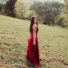 V Neck Satin Prom Dresses with Slit Long A line Formal Bridesmaid Dresses for Women BDL004
