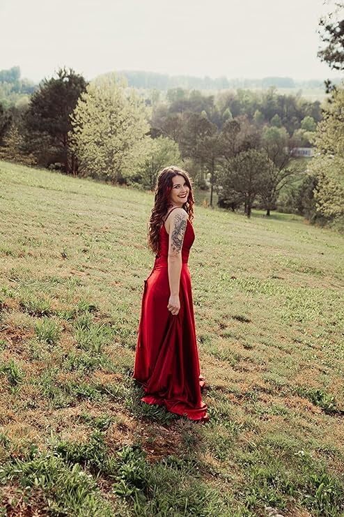 612Gh9DVreL.jpg V Neck Satin Prom Dresses with Slit Long A line Formal Bridesmaid Dresses for Women BDL004