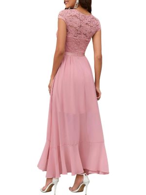Women's V-Neck Dress for Women Wedding Guest Hi-Lo Floral Lace Prom Cocktail Party Formal Bridesmaid Dress