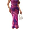 Bodycon Maxi Dress Womens Sleeveless Floral Print Fitted Party Club Ruched Dresses with Side Slit