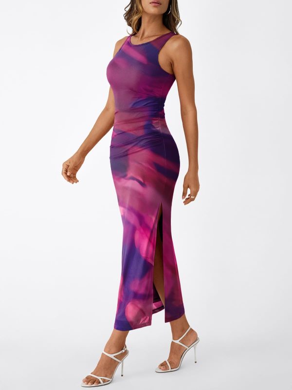 Bodycon Maxi Dress Womens Sleeveless Floral Print Fitted Party Club Ruched Dresses with Side Slit