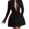 Women's Long Sleeve Sexy Deep V Neck Zipper A-line Mini Dress Hollow Bodycon Night Out Party Dress