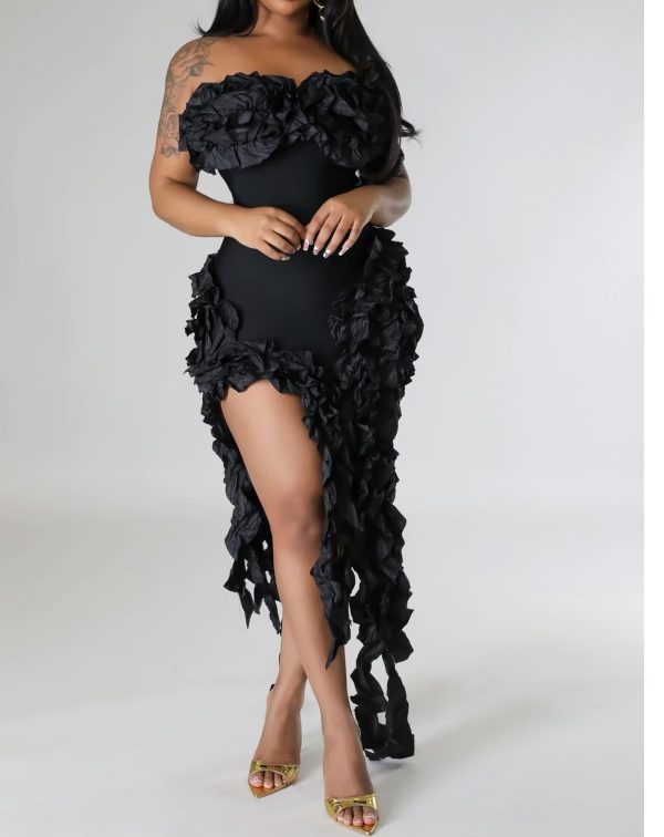 615I95nl4L.jpg Women Sexy Strapless Ruffle Bodycon Dress Solid Color Fringe Slim Party Cocktail Bandage Dresses