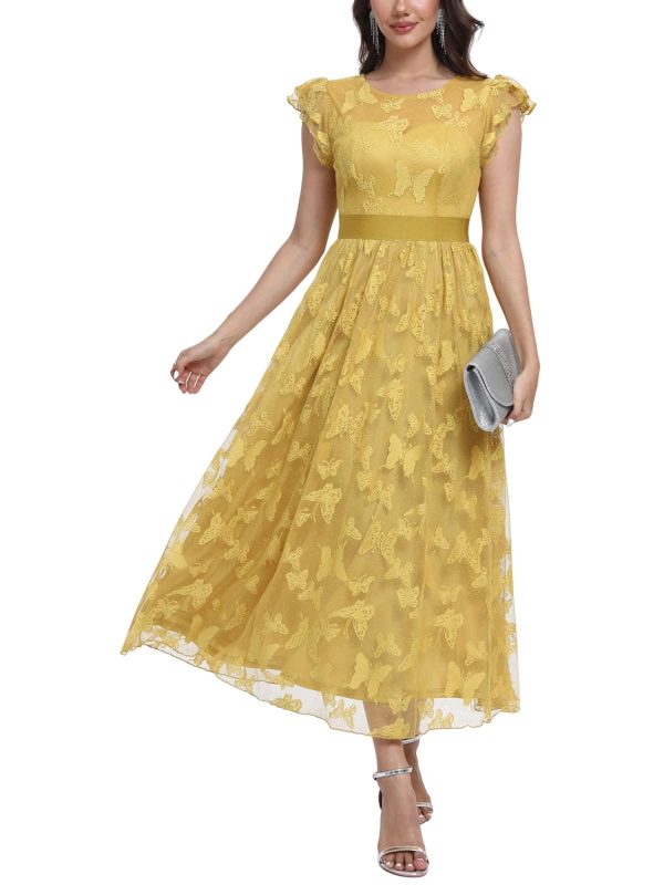 616STQoeMGL.jpg Women's Midi Formal Dress 2025 Flutter Short Sleeve Crewneck Lace Wedding Guest Party Dresses