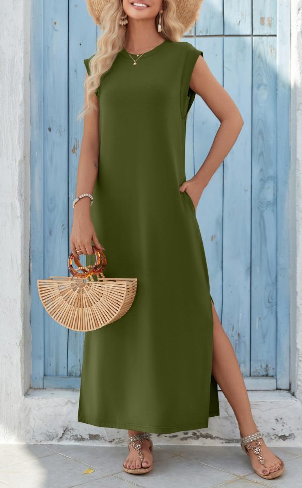 619btJJP2mL.jpg Maxi Dresses for Women 2025 Summer Casual Sleeveless Floral Sundress Long Split Dresses with Pockets Beach Vacation