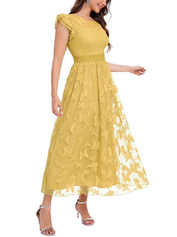 61A2XiPhCL.jpg Women's Midi Formal Dress 2025 Flutter Short Sleeve Crewneck Lace Wedding Guest Party Dresses