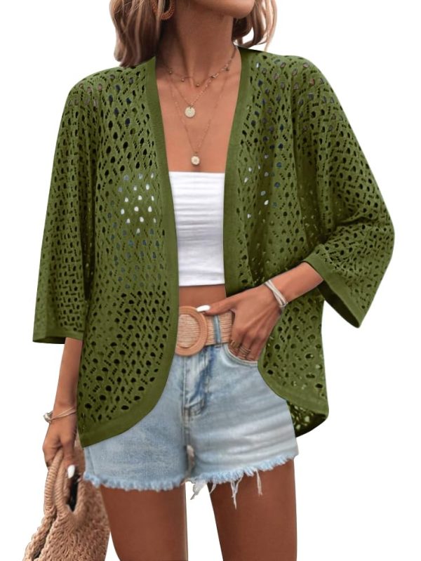 61AB4SlQDFL.jpg Womens Summer Crochet Cardigan Sweaters Lightweight Open Front 3/4 Sleeve Batwing Kimono Boho Knit Cover Ups 2025