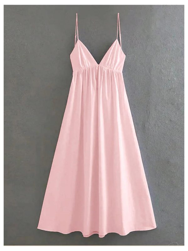 Women's Summer Dress Backless V Neck Spaghetti Strap Loose Flowy Midi Cami Dresses