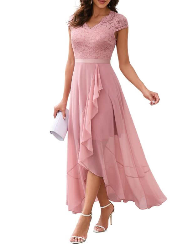 61BZ4MKHTNL.jpg Women's V-Neck Dress for Women Wedding Guest Hi-Lo Floral Lace Prom Cocktail Party Formal Bridesmaid Dress